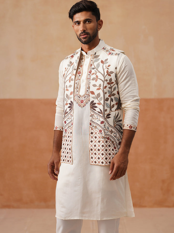 Elegant Leaf Embroidered Waistcoat With Kurta Pyjama