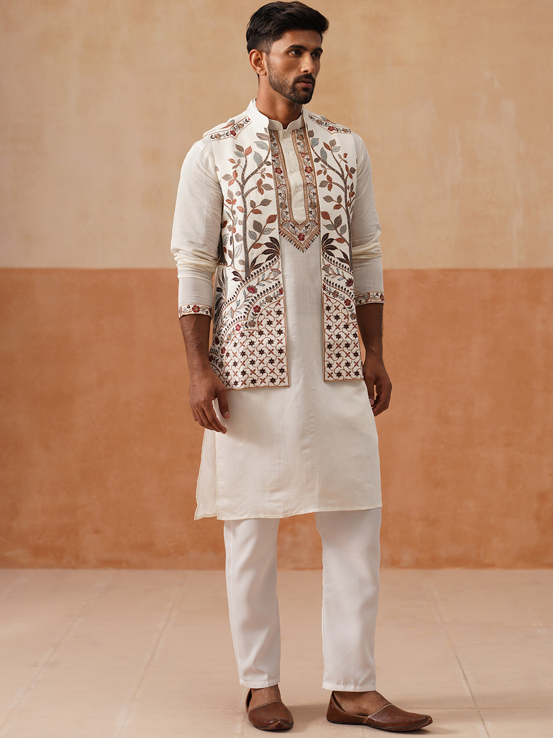 Elegant Leaf Embroidered Waistcoat With Kurta Pyjama