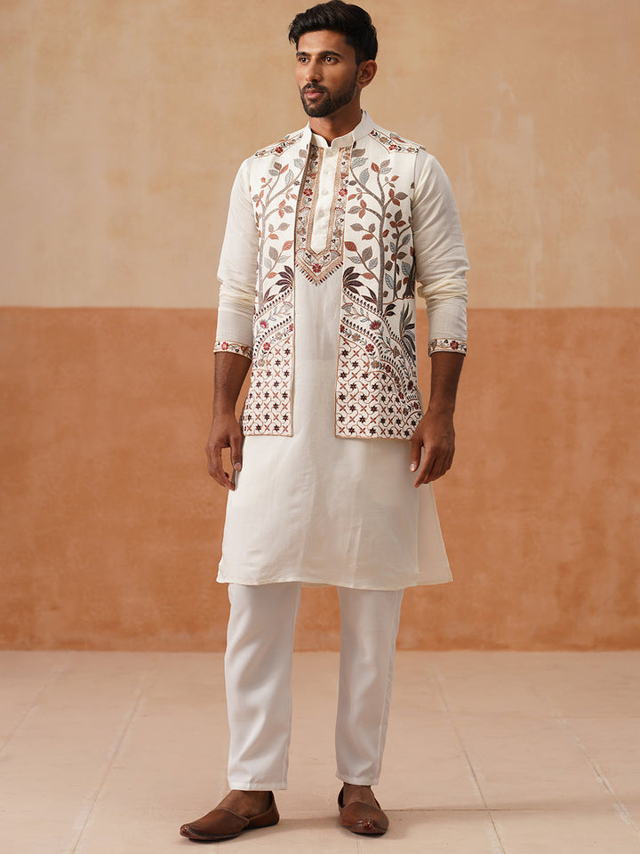 Elegant Leaf Embroidered Waistcoat With Kurta Pyjama