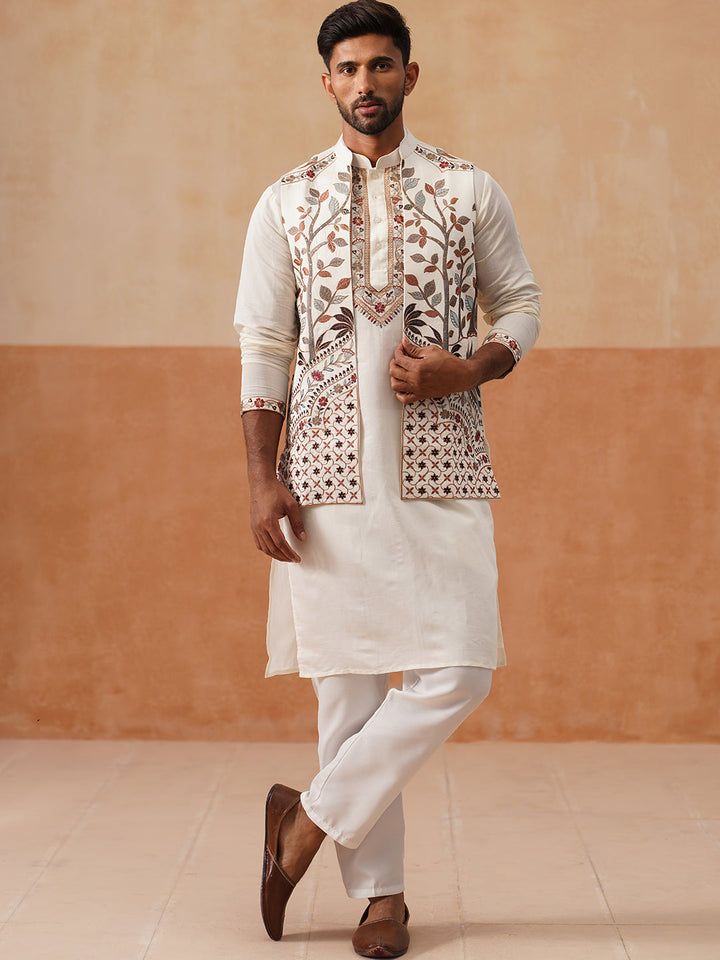 Elegant Leaf Embroidered Waistcoat With Kurta Pyjama