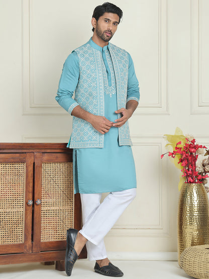 Men'S Embroidered Waistcoat And Kurta Pyjama.