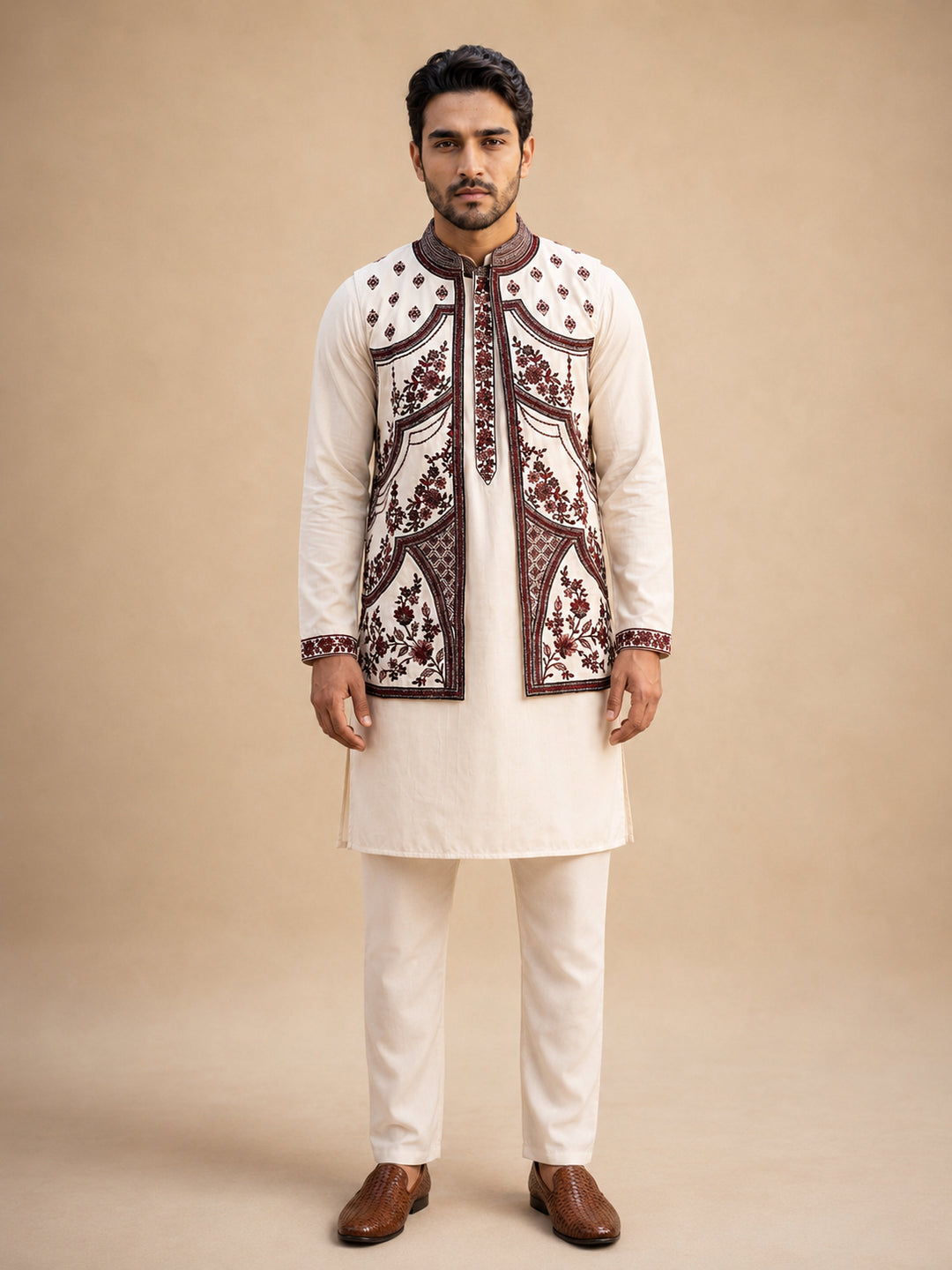 Embroidered Waistcoat And Kurta Pyjama For Men