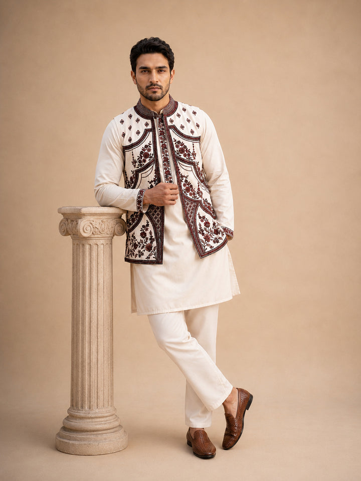 Embroidered Waistcoat And Kurta Pyjama For Men