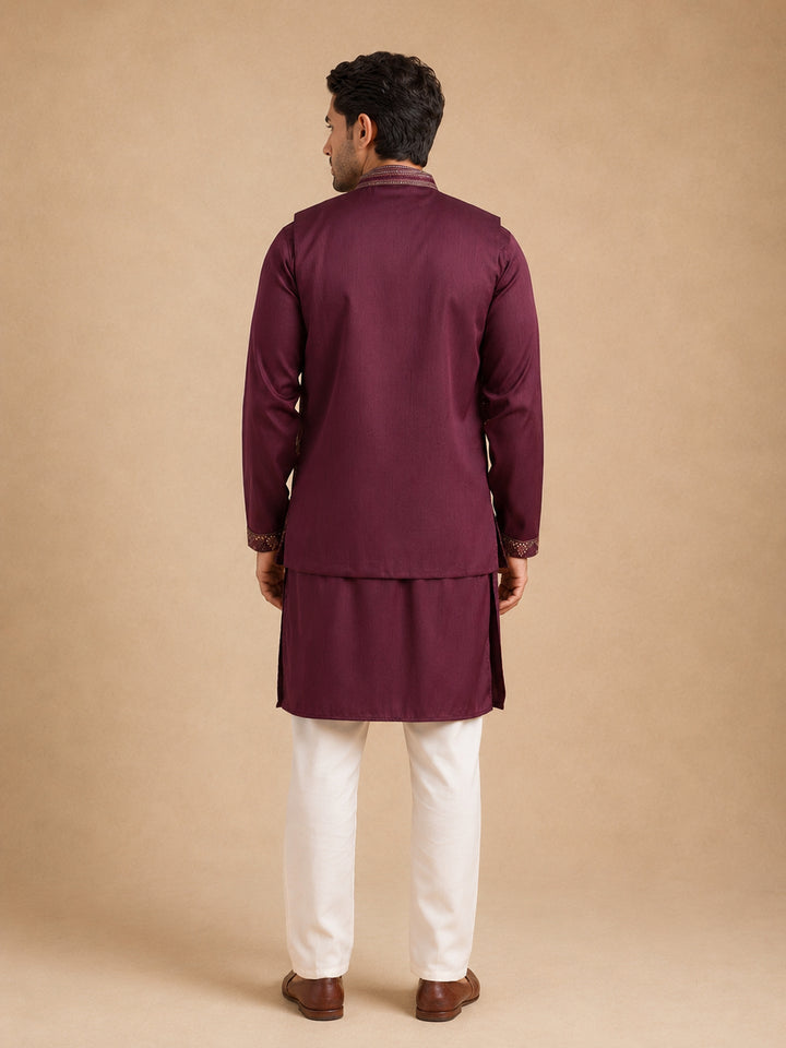 Embroidered Waistcoat &amp; Solid Kurta Pyjama For Men