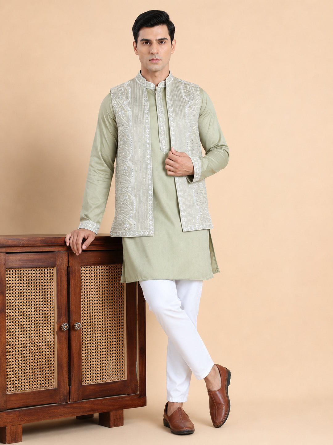 Embroidered Waistcoat And Kurta Pyjama For Men