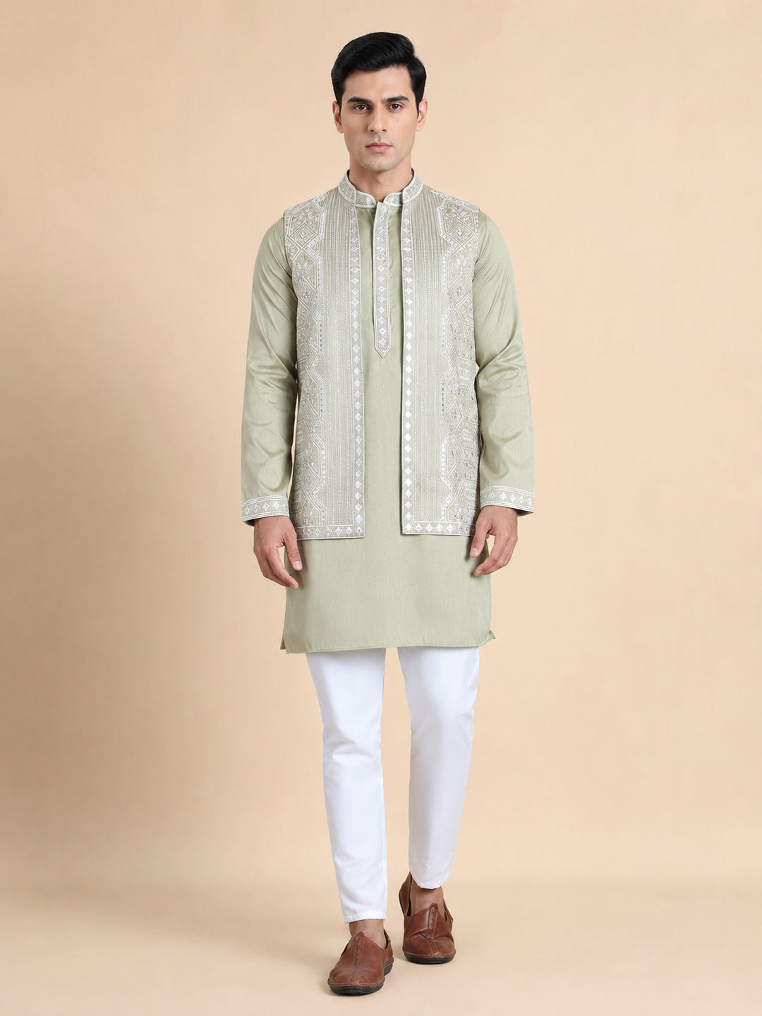 Embroidered Waistcoat And Kurta Pyjama For Men