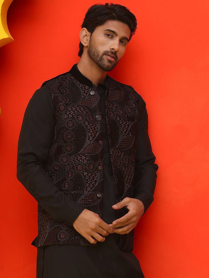 Embroidered Velvet Nehru Jacket With Solid Kurta Pyjama.
