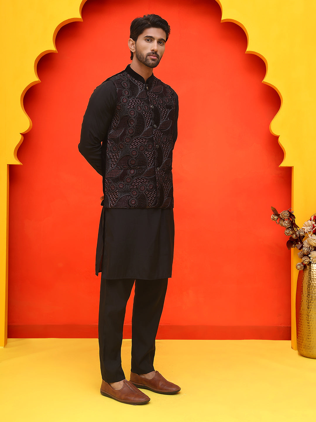 Embroidered Velvet Nehru Jacket With Solid Kurta Pyjama.