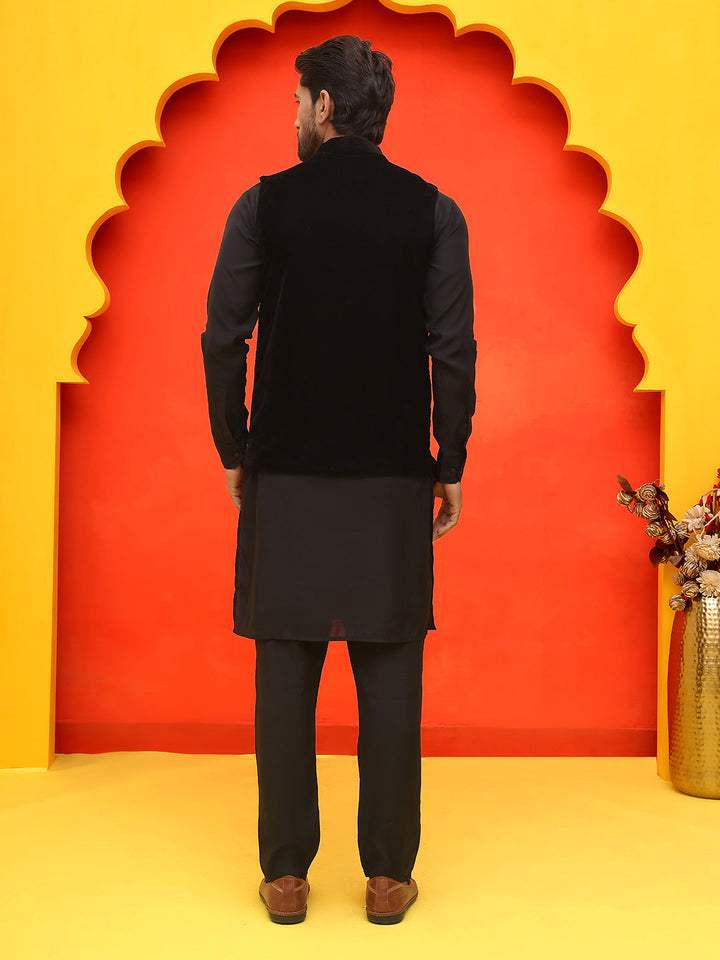 Embroidered Velvet Nehru Jacket With Solid Kurta Pyjama.