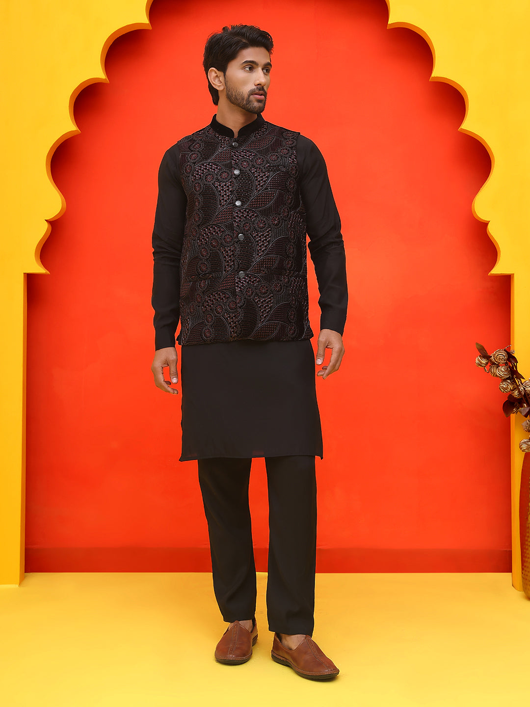 Embroidered Velvet Nehru Jacket With Solid Kurta Pyjama.