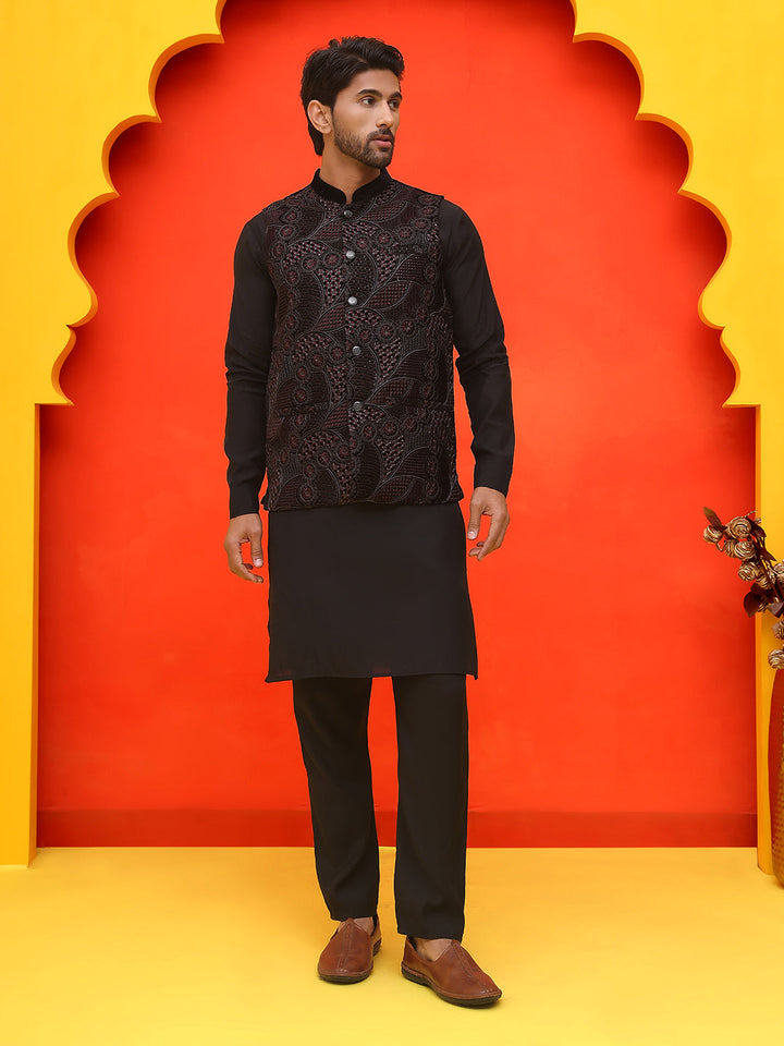 Embroidered Velvet Nehru Jacket With Solid Kurta Pyjama.