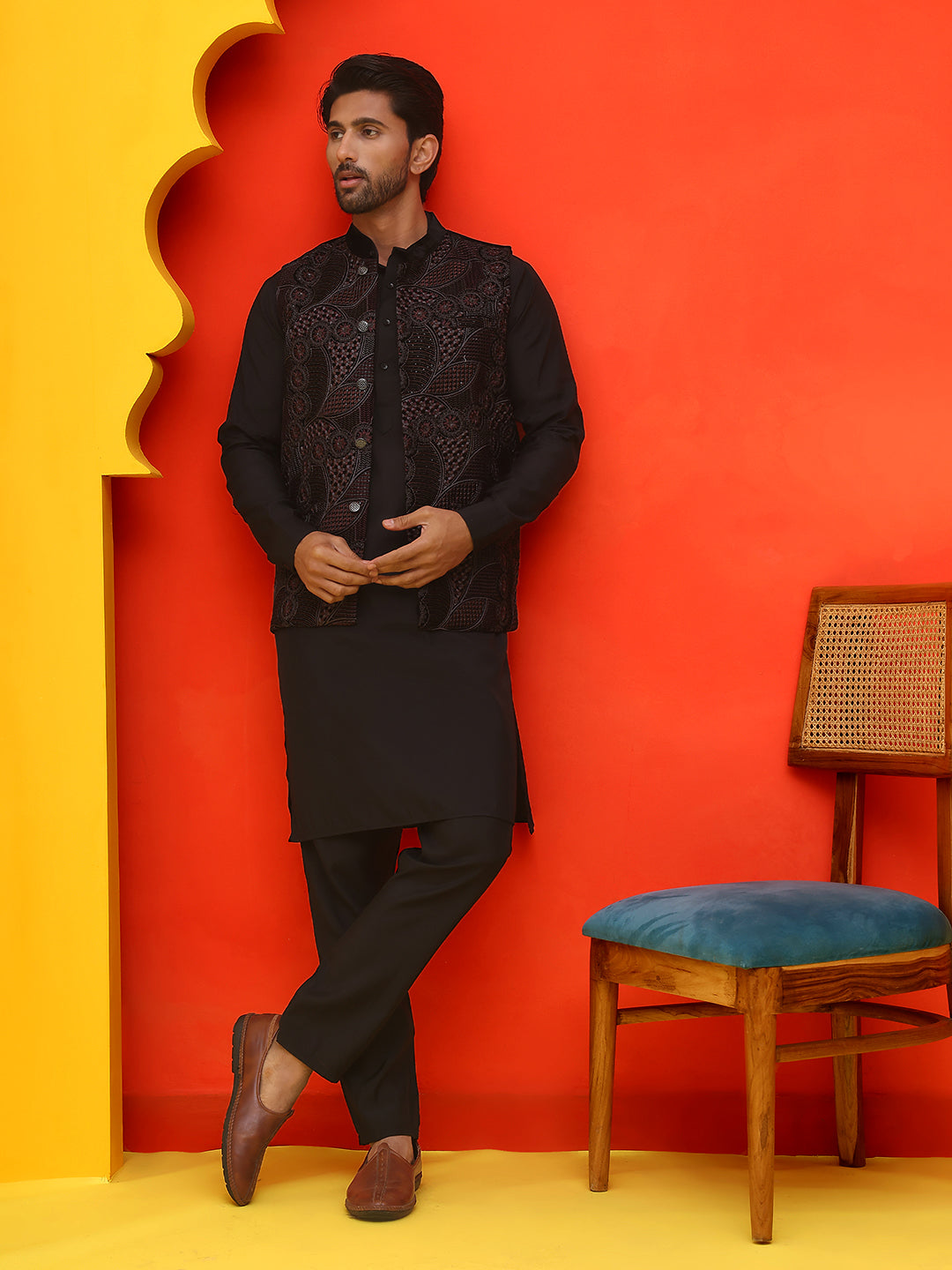 Embroidered Velvet Nehru Jacket With Solid Kurta Pyjama.
