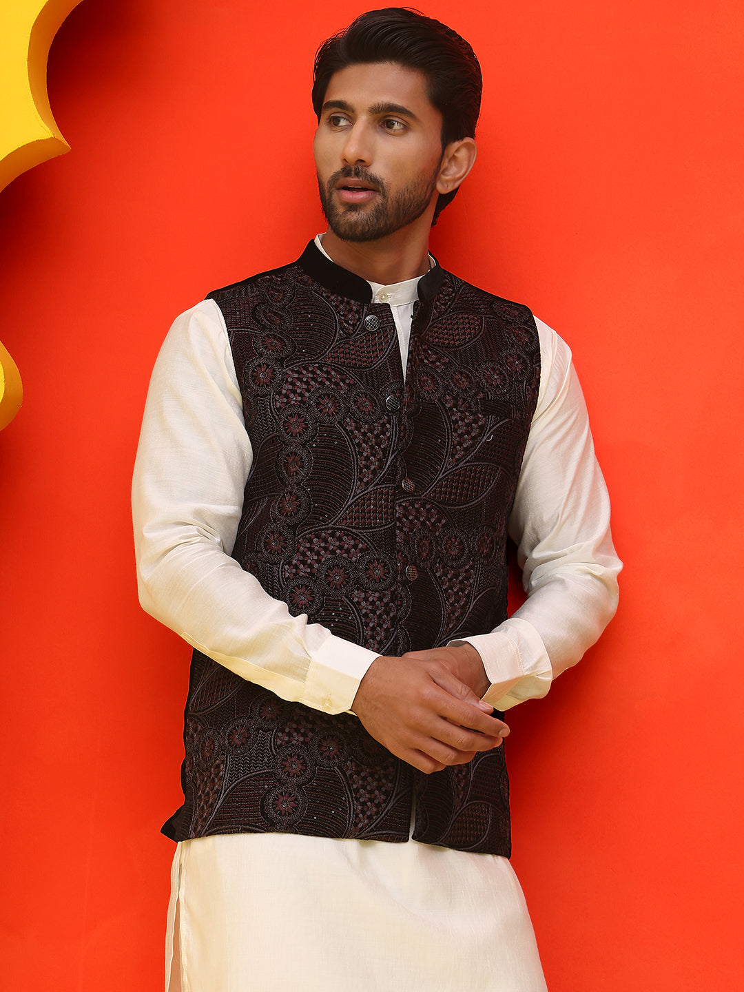 Embroidered Velvet Nehru Jacket With Solid Kurta Pyjama.
