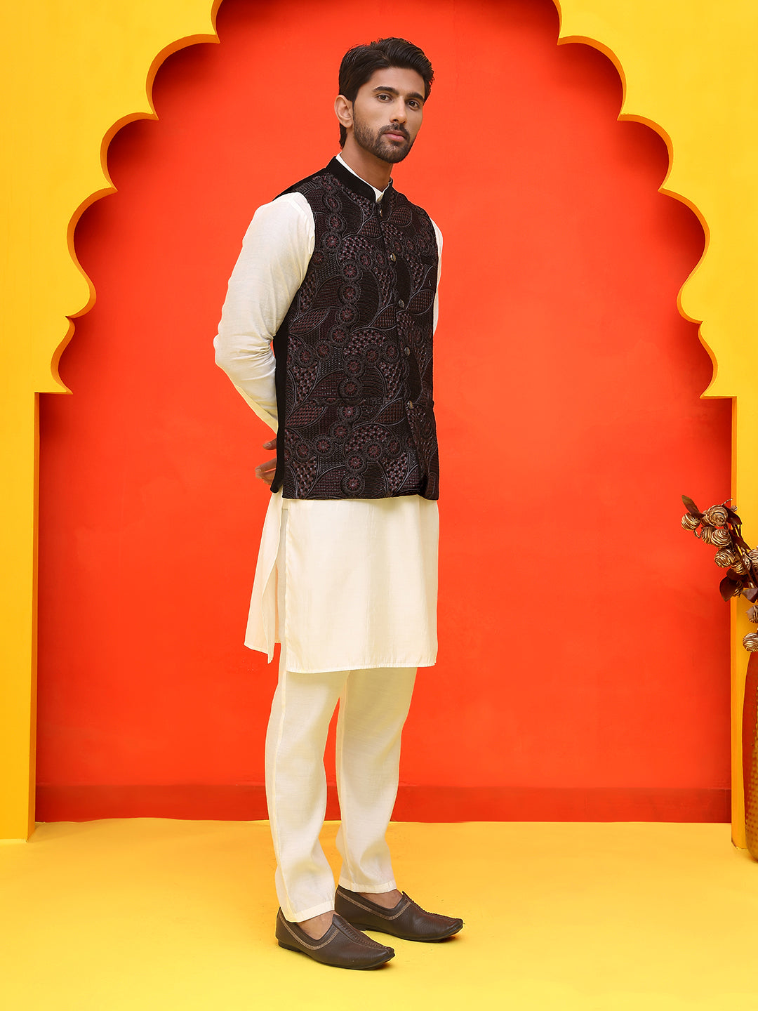 Embroidered Velvet Nehru Jacket With Solid Kurta Pyjama.