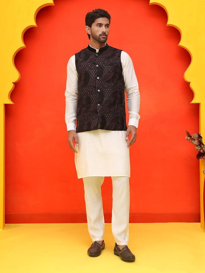 Embroidered Velvet Nehru Jacket With Solid Kurta Pyjama.