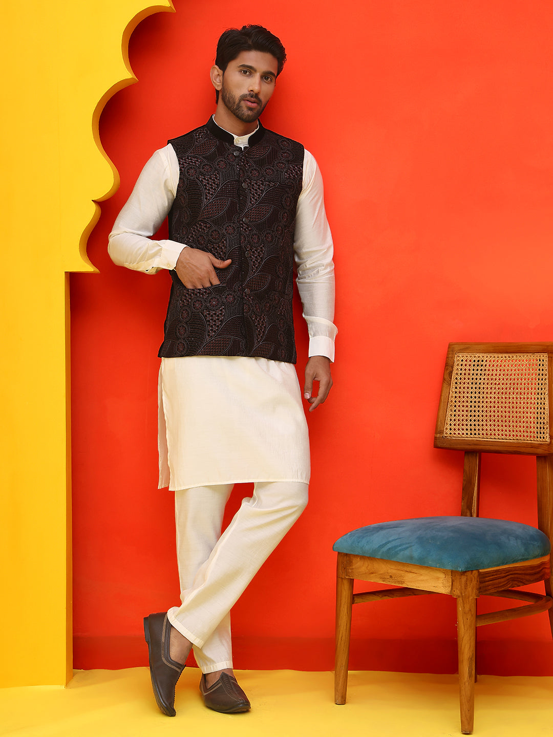Embroidered Velvet Nehru Jacket With Solid Kurta Pyjama.