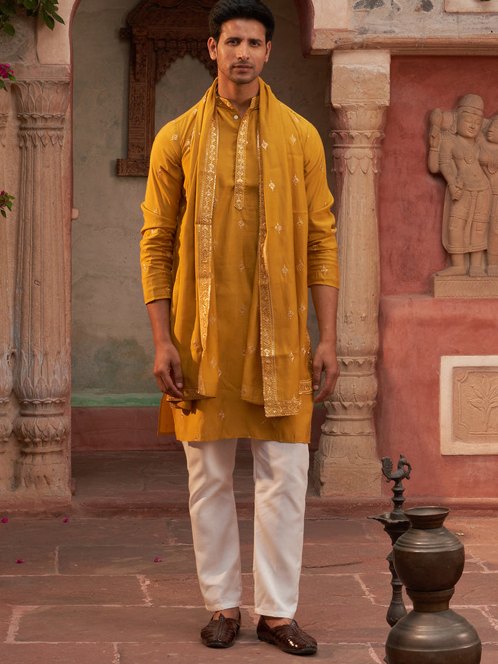 Embroidered &amp; Sequin Kurta Pyjama With Dupatta