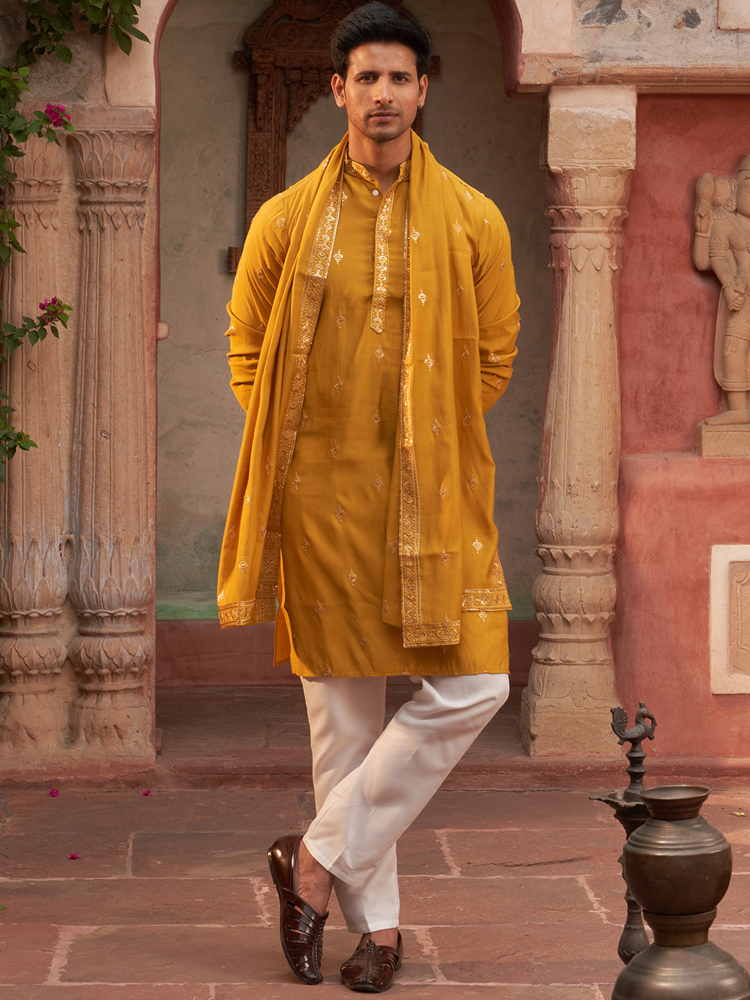 Embroidered &amp; Sequin Kurta Pyjama With Dupatta