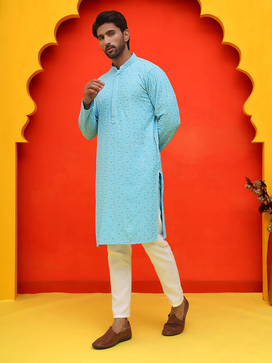 Sequin Embroidered Pure Cotton Kurta With Pyjamas