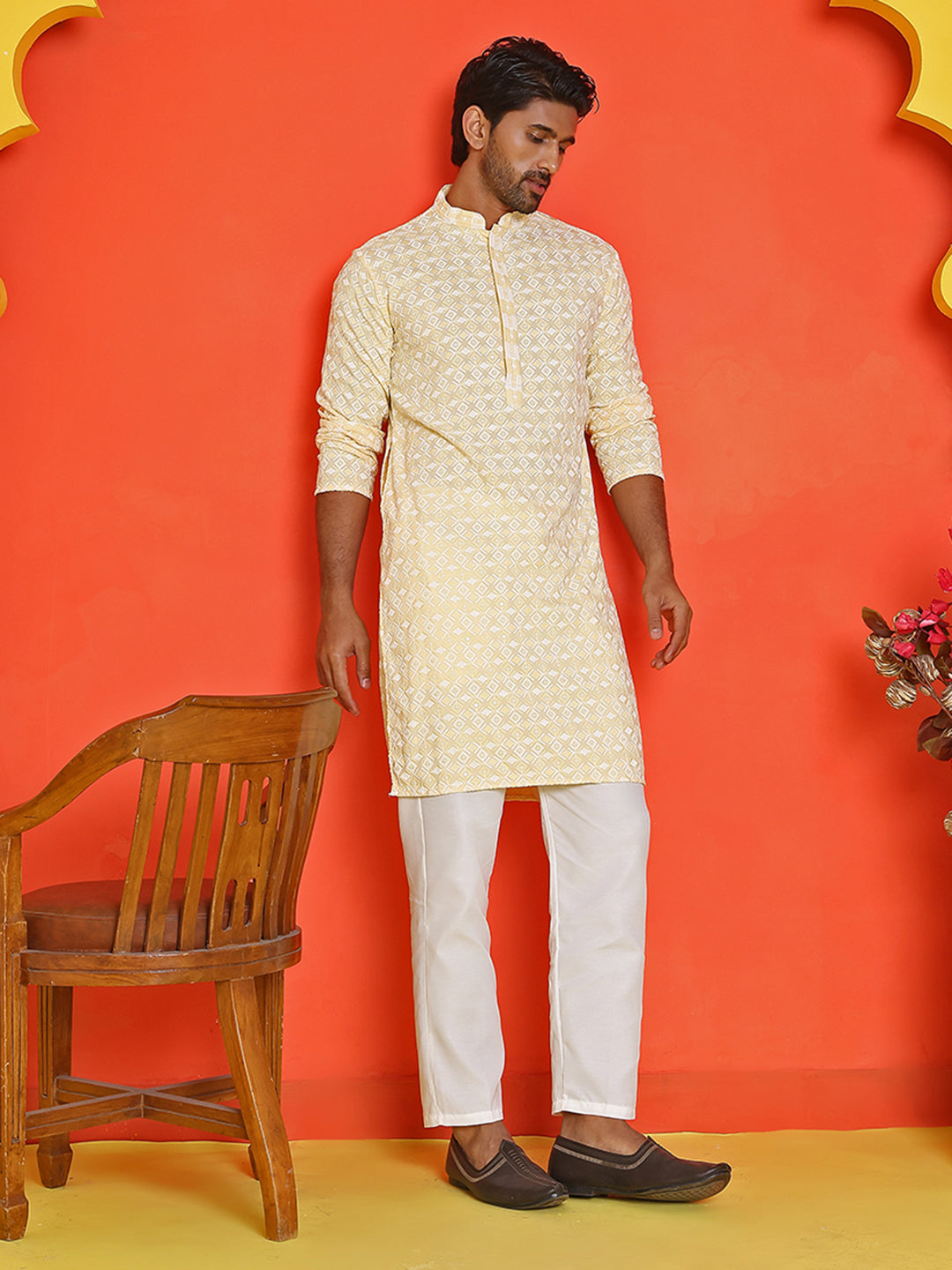Embroidered And Sequins Straight Kurta Set For Men