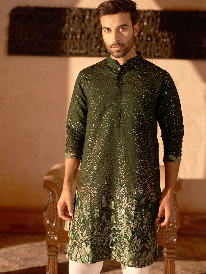 Embroidered And Sequins Silk Blend Kurta Pyjama Set.