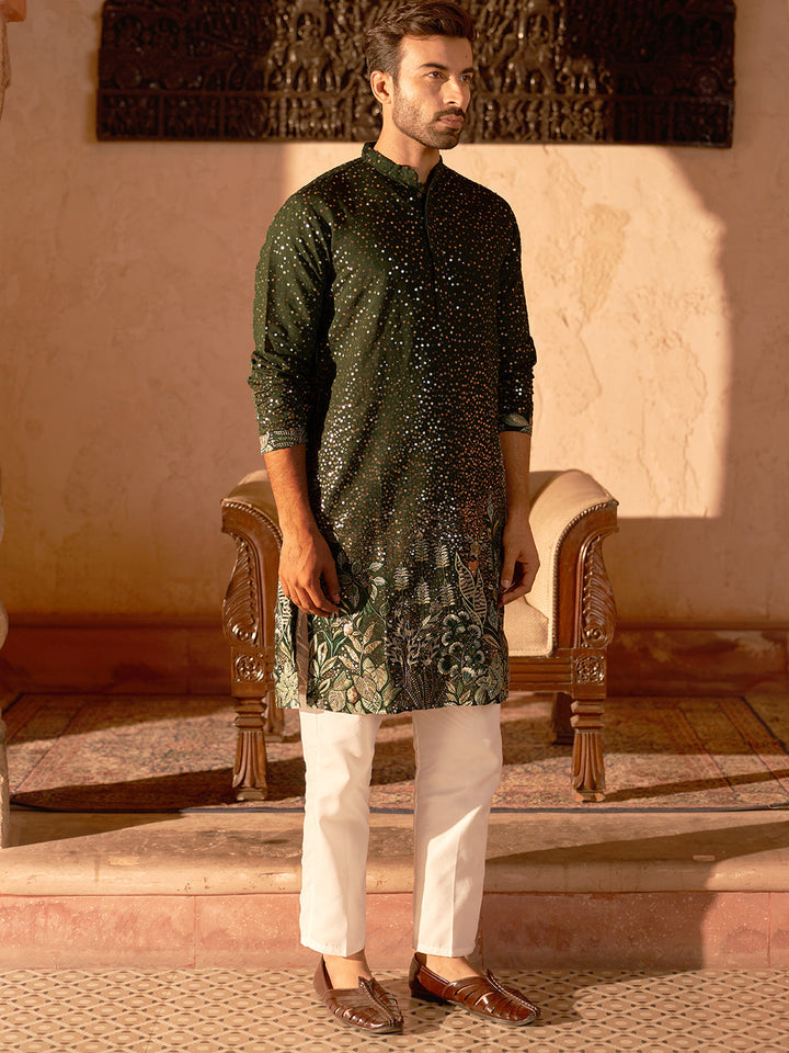 Embroidered And Sequins Silk Blend Kurta Pyjama Set.