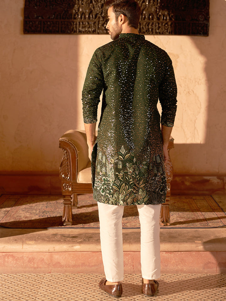 Embroidered And Sequins Silk Blend Kurta Pyjama Set.