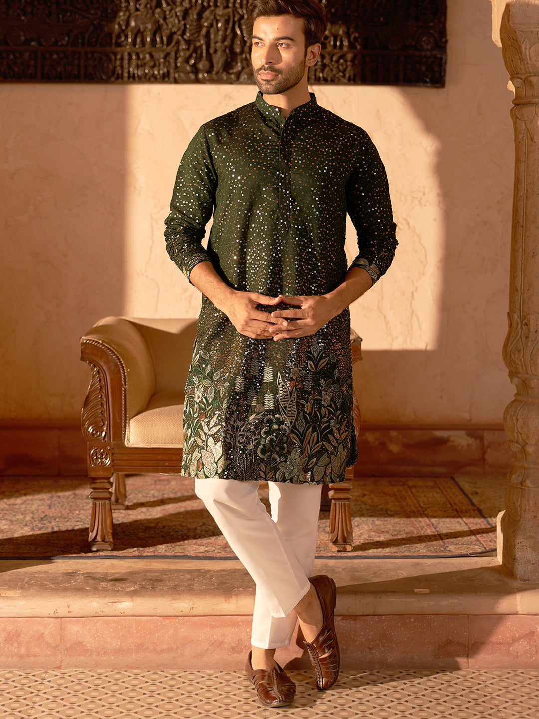 Embroidered And Sequins Silk Blend Kurta Pyjama Set.