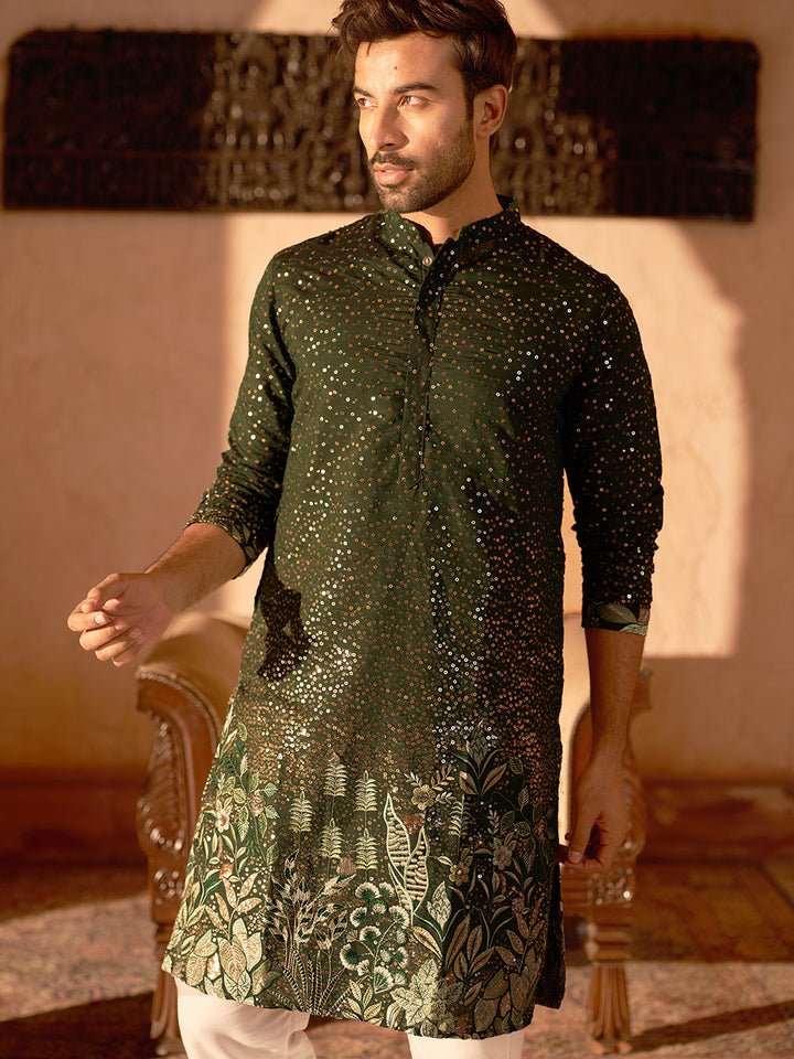 Embroidered And Sequins Silk Blend Kurta Pyjama Set.