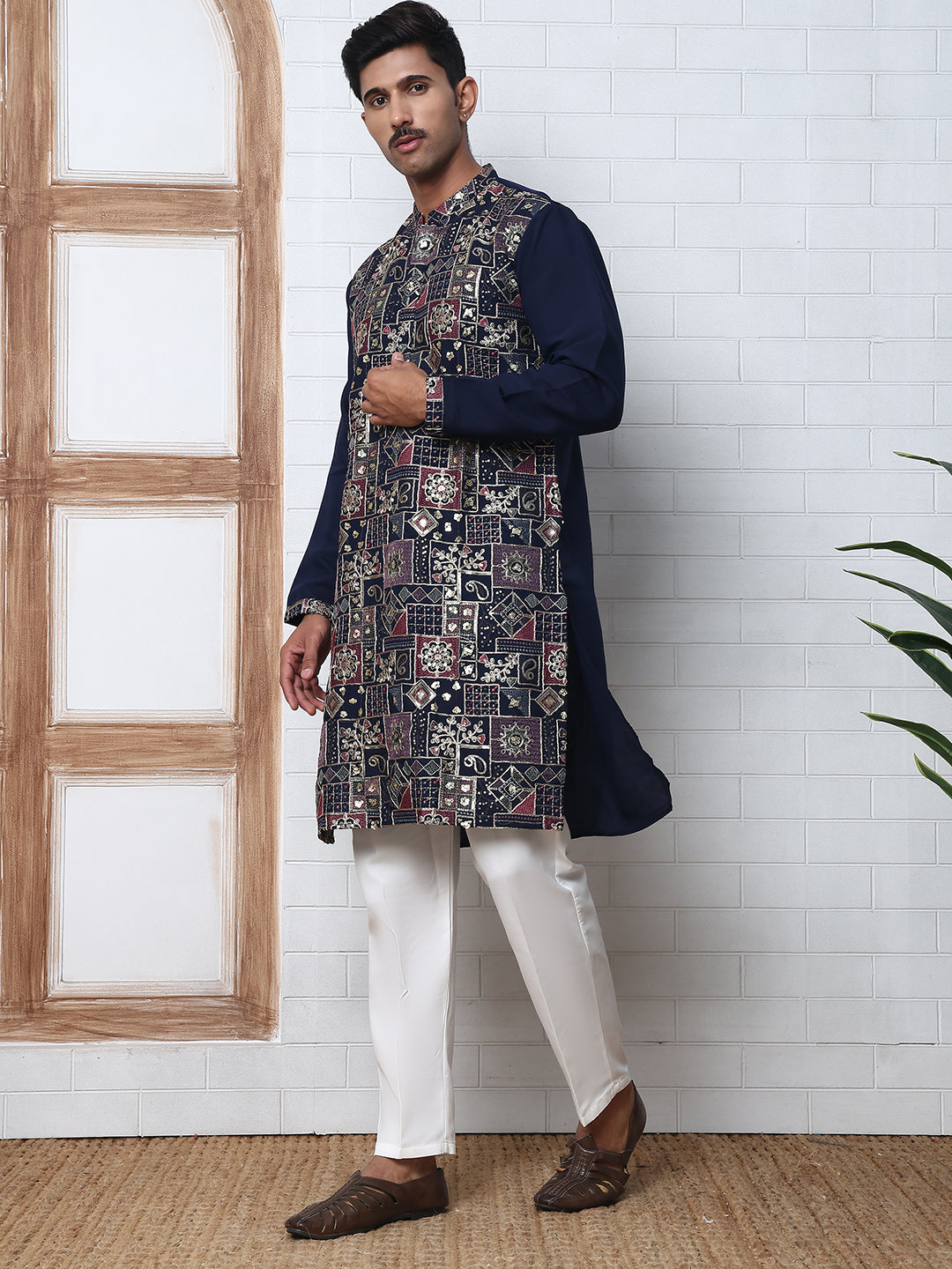 Embroidered Straight Kurta Set For Men