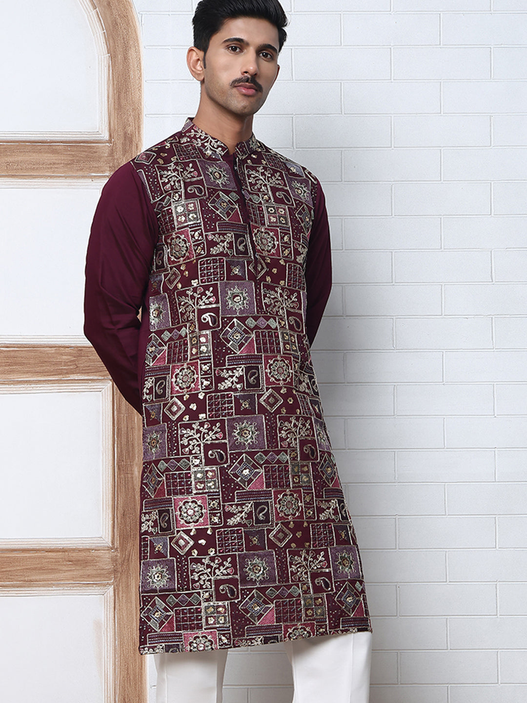 Embroidered Straight Kurta Set For Men