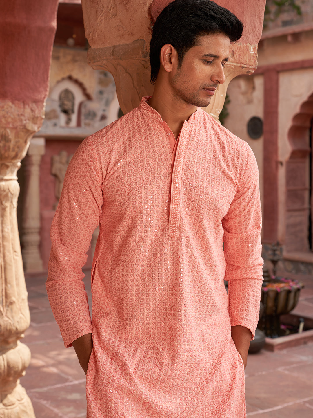 Embroidered &amp; Sequence Kurta Pyjama For Men