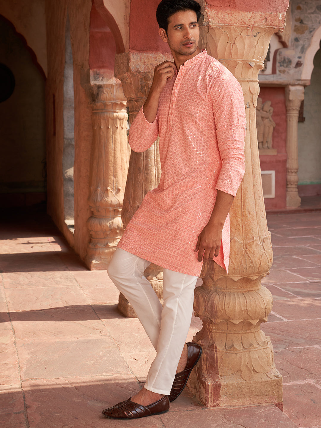 Embroidered &amp; Sequence Kurta Pyjama For Men