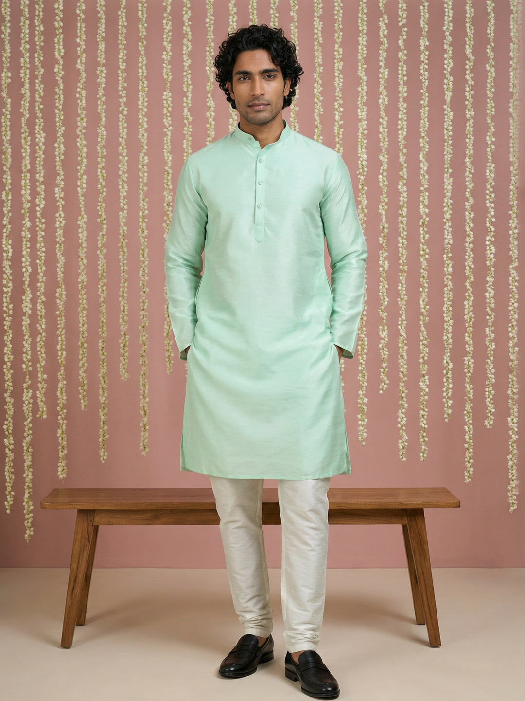 Premium Silk Kurta With Cream Churidar