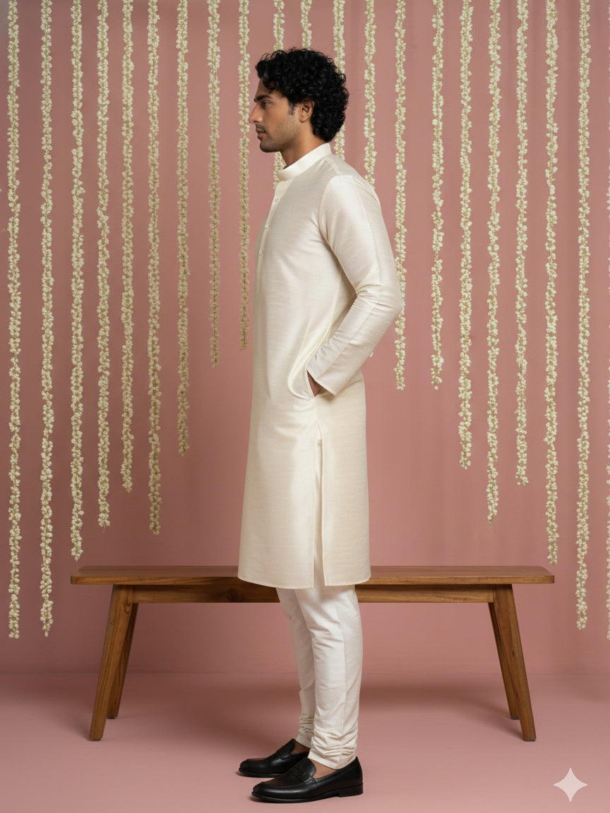 Premium Silk Kurta With Cream Churidar