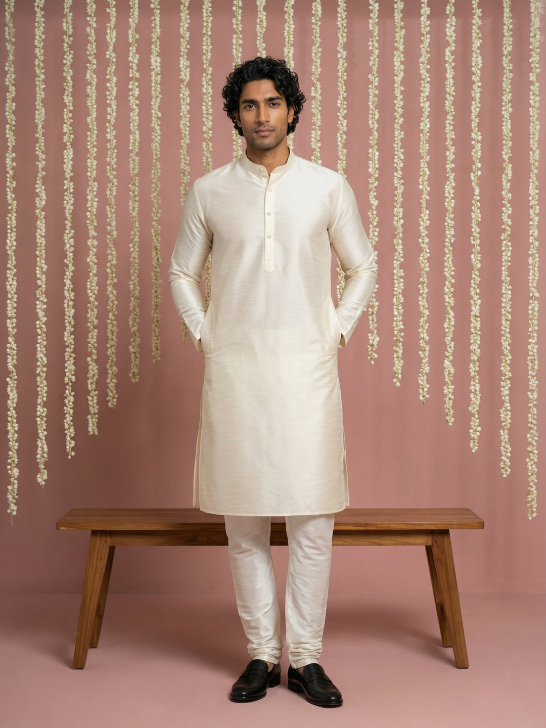 Premium Silk Kurta With Cream Churidar