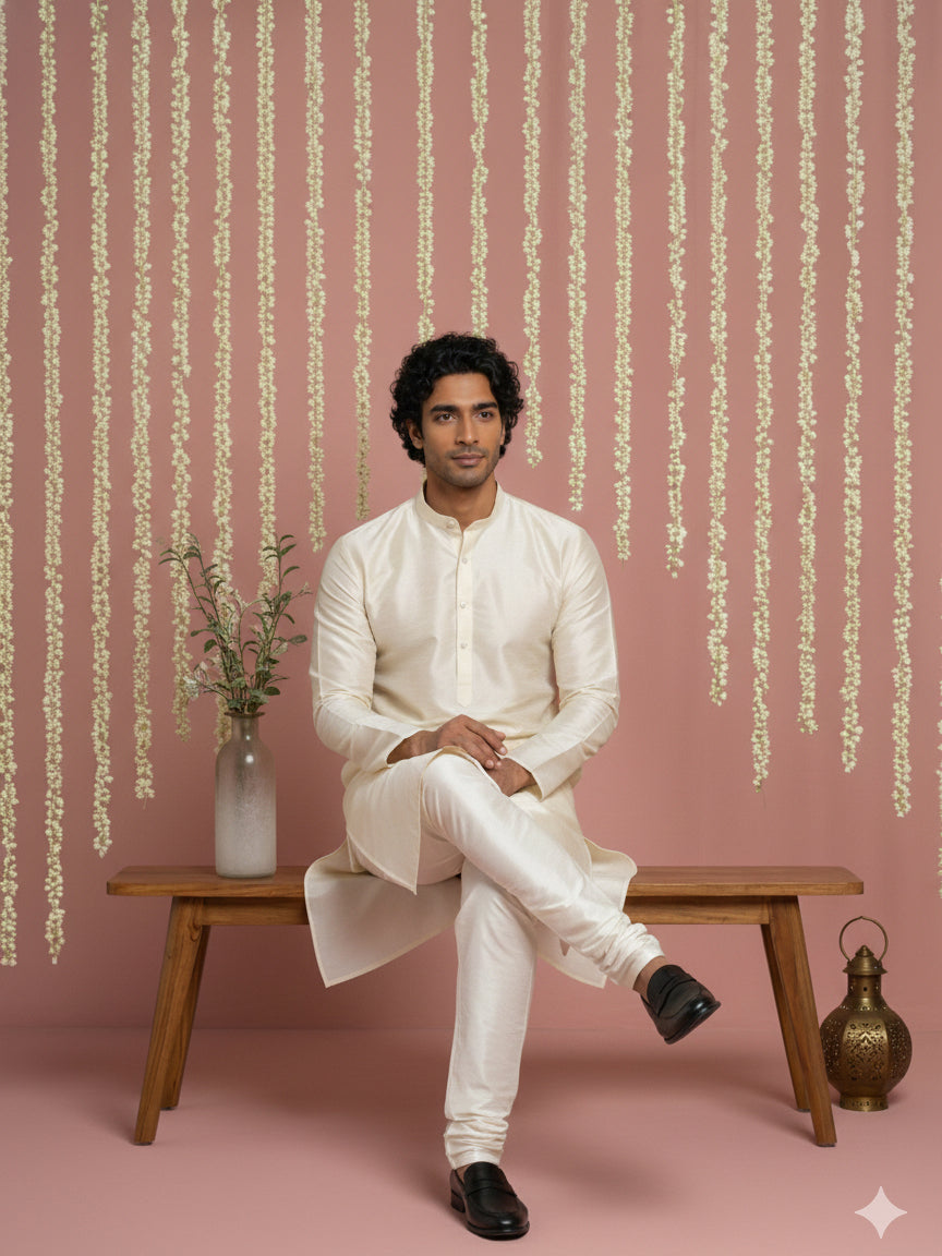 Premium Silk Kurta With Cream Churidar