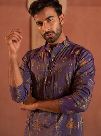 Printed Silk Blend Straight Kurta Set.