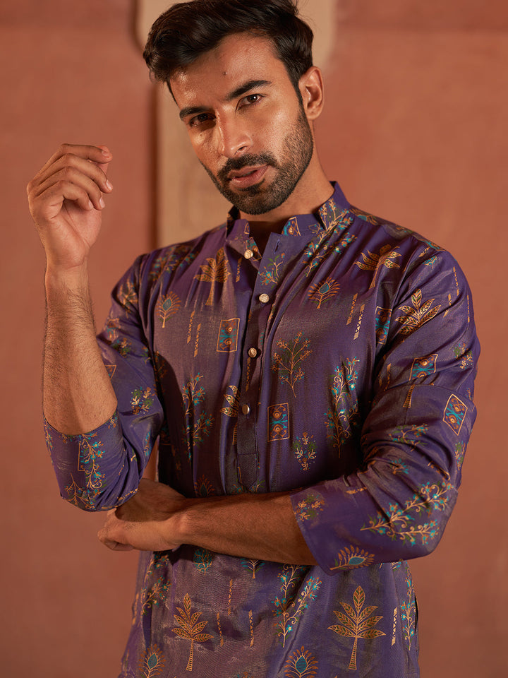 Printed Silk Blend Straight Kurta Set.
