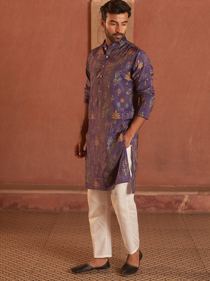 Printed Silk Blend Straight Kurta Set.