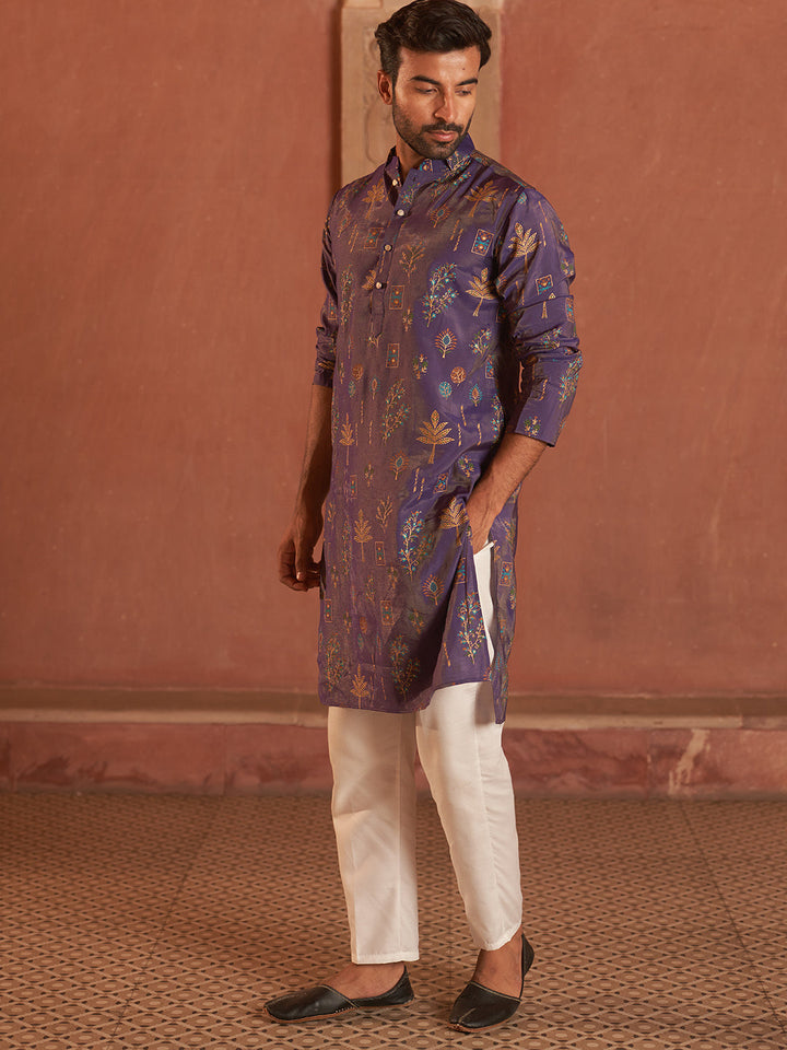Printed Silk Blend Straight Kurta Set.