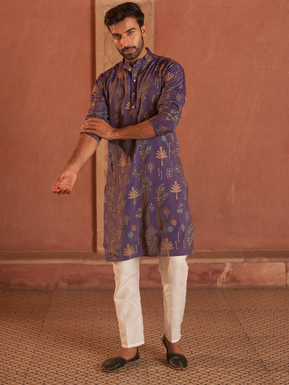 Printed Silk Blend Straight Kurta Set.