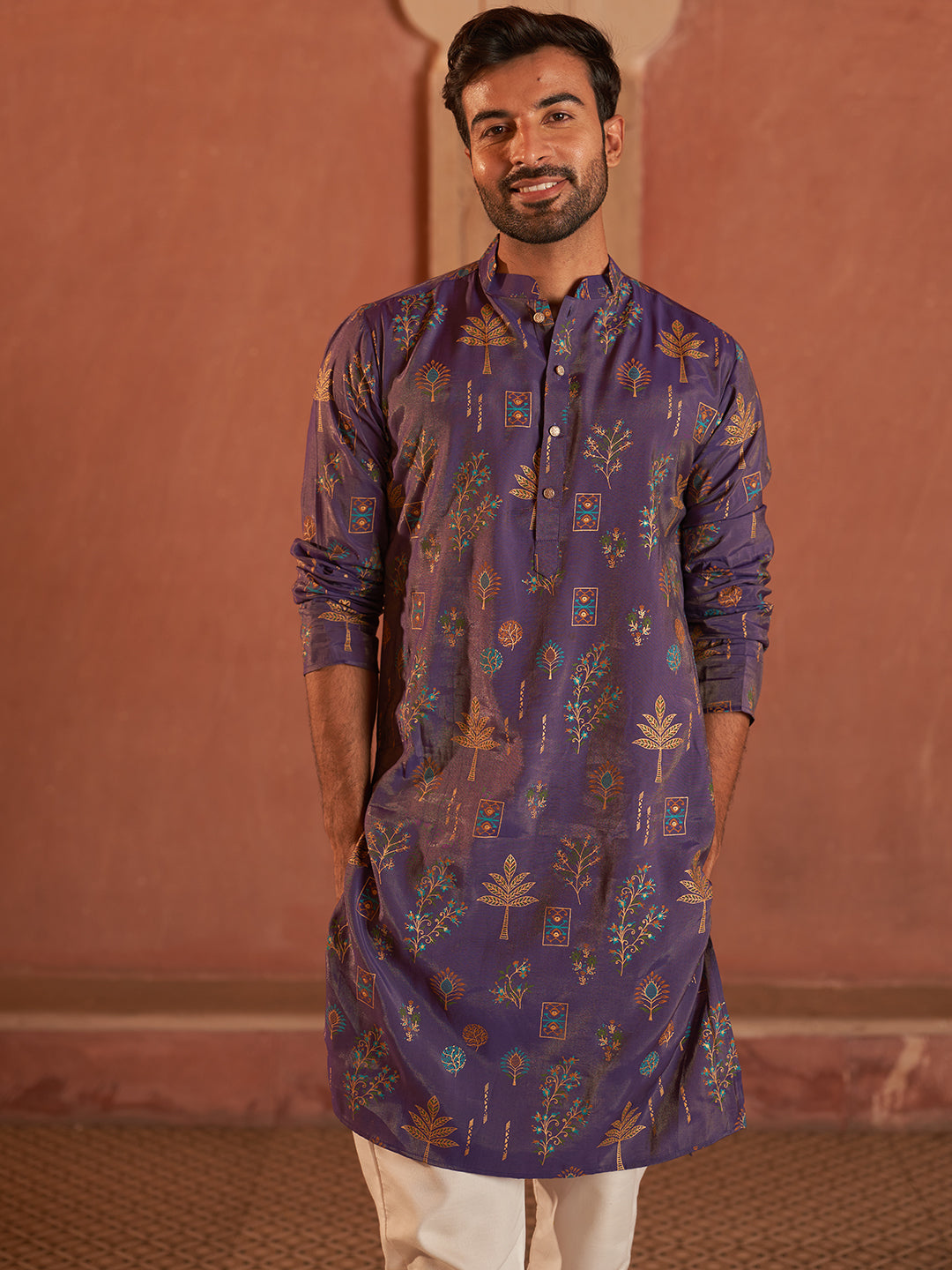Printed Silk Blend Straight Kurta Set.