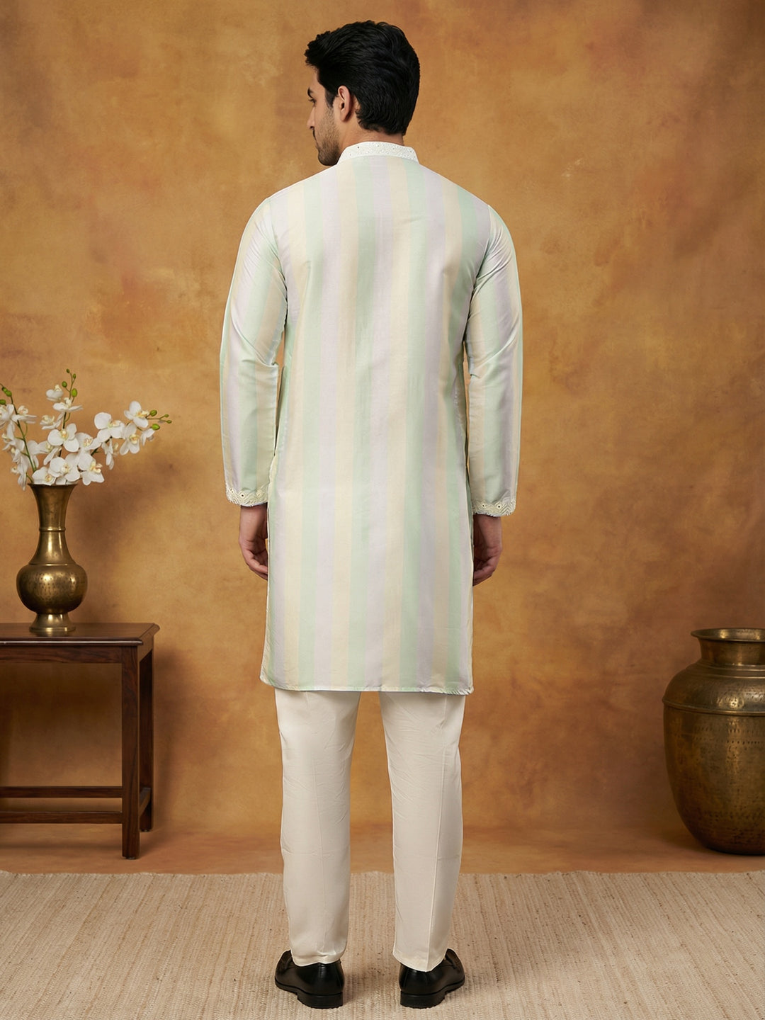 Embroidered And Mirror Work Straight Kurta Set For Men,