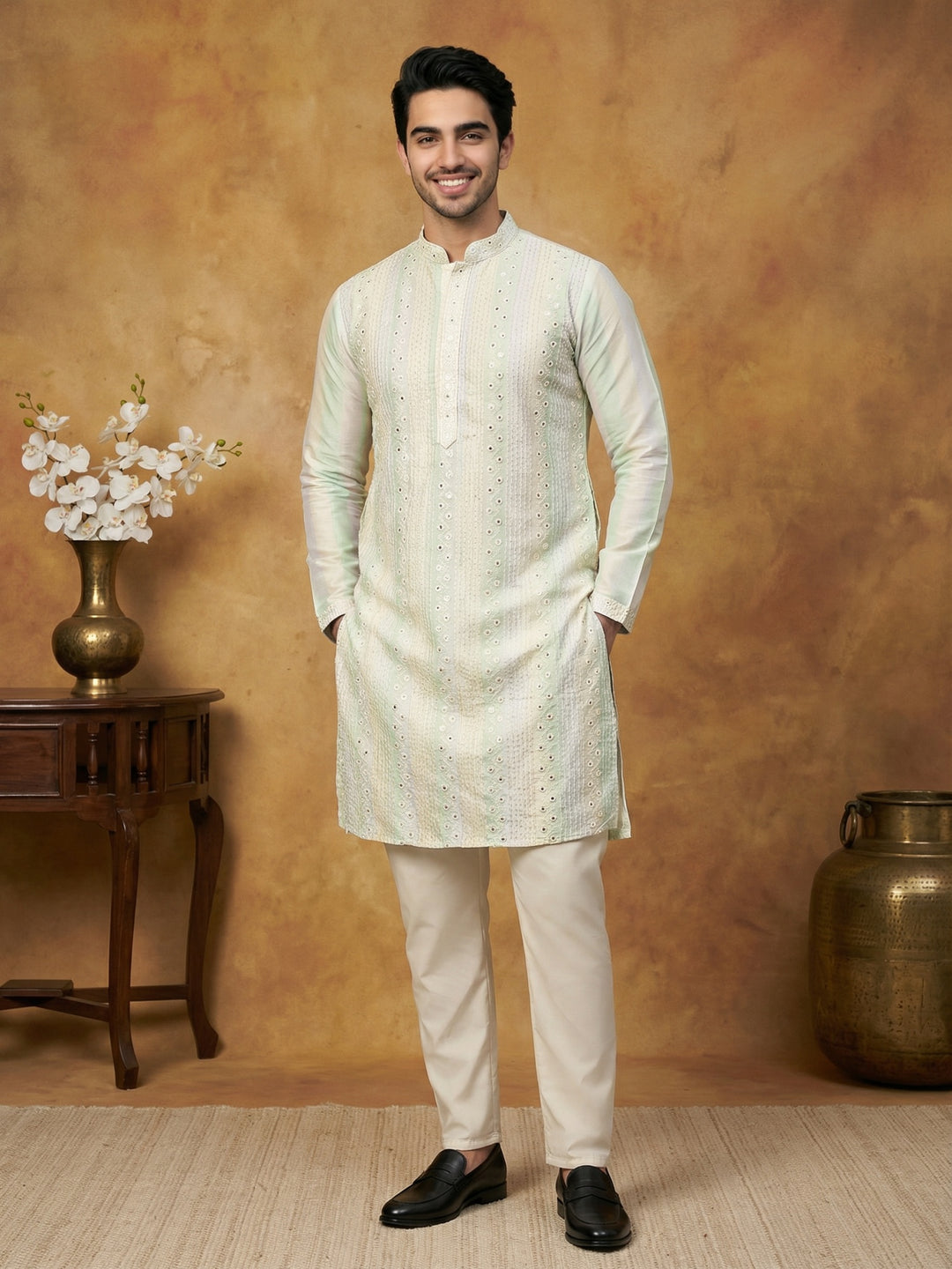 Embroidered And Mirror Work Straight Kurta Set For Men,
