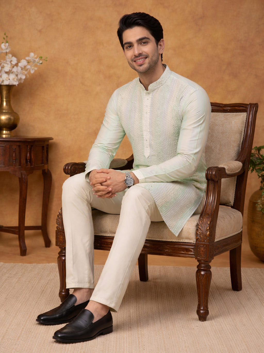 Embroidered And Mirror Work Straight Kurta Set For Men,