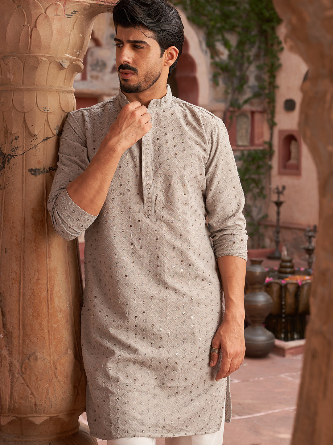 Embroidered Cotton Kurta With Pyjama For Men