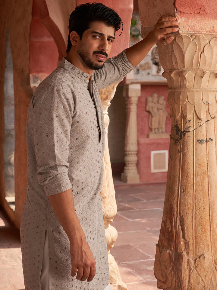 Embroidered Cotton Kurta With Pyjama For Men