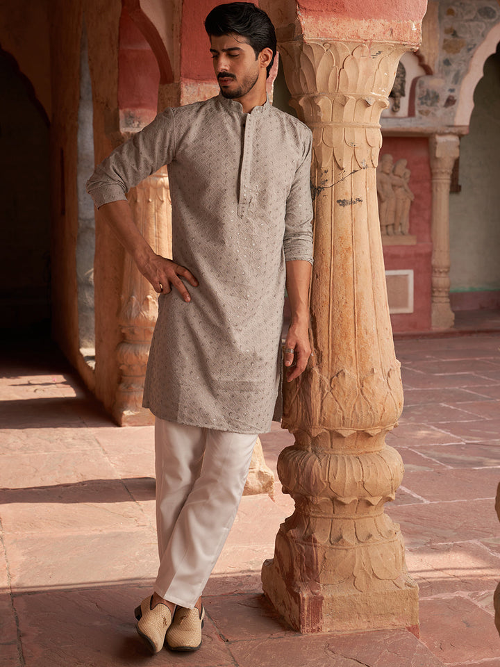 Embroidered Cotton Kurta With Pyjama For Men