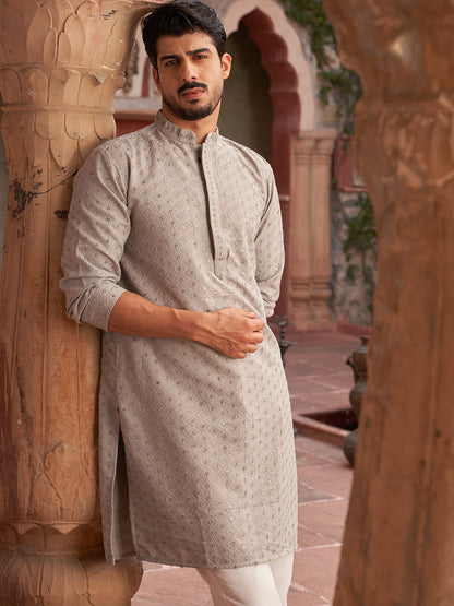 Embroidered Cotton Kurta With Pyjama For Men